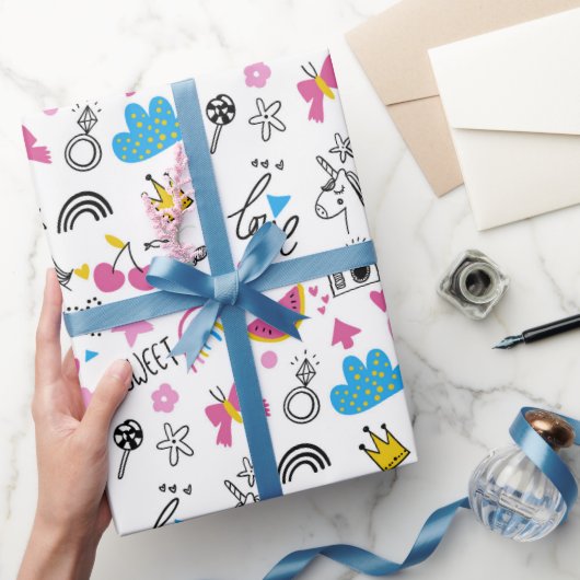 Niedlich Girly Unicorn Rainbow Hearts Whimsical Geschenkpapier (Schenken)