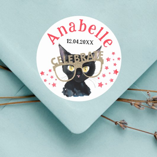 Niedlich Glam Black Cat Red Gold Glitzer Party Sta Runder Aufkleber