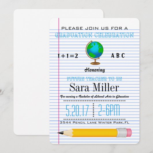 Niedlich Globe Teacher Abschluss Einladung (Vorne/Hinten)