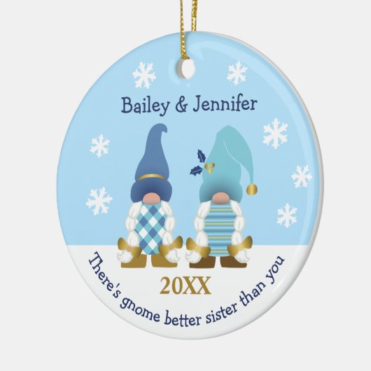Niedlich Gnome Better Sister Gold Blue Gingham Keramik Ornament (Links)