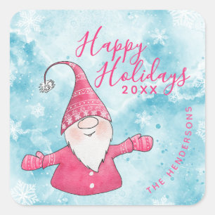 Niedlich Gnome Blue Pink Happy Feiertage Weihnacht Quadratischer Aufkleber