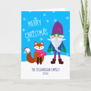 Niedlich Gnome Fox Snowflakes Blue Frohe Weihnacht Feiertagskarte