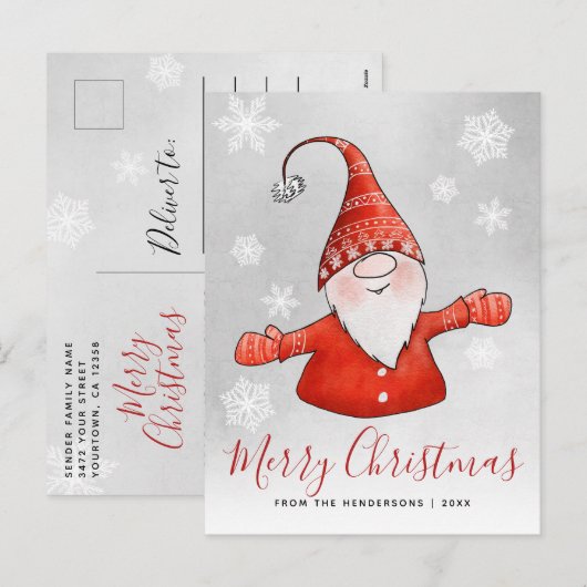 Niedlich Gnome Gray Red Christmas Feiertagspostkarte (Vorne/Hinten)