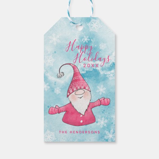 Niedlich Gnome Happy Holidays Blue und Pink Christ Geschenkanhänger (Rückseite)