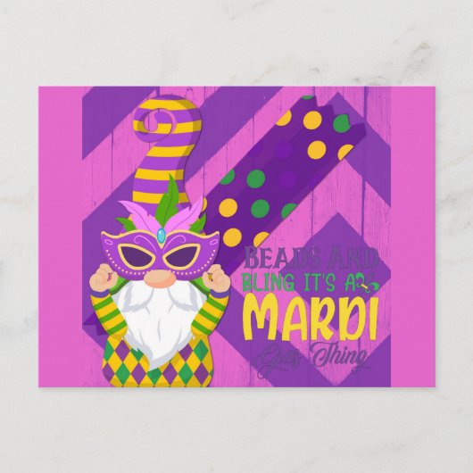 Niedlich Gnome Mardi Gras Beads Bling Postkarte (Vorderseite)