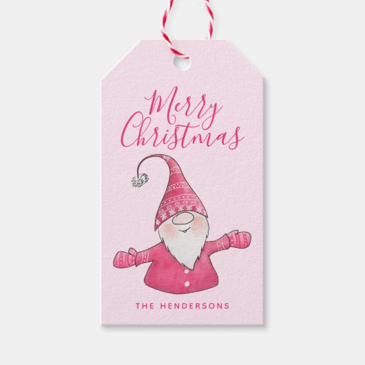 Niedlich Gnome Mit Monogramm Pink Frohe Weihnachte Geschenkanhänger (Vorderseite)