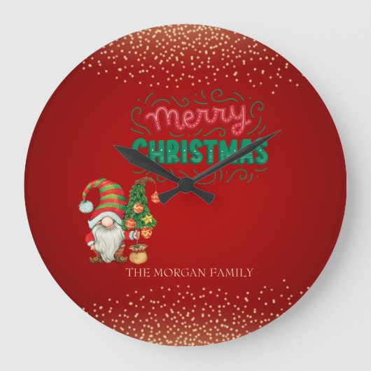 Niedlich Gnome Pine Tree Confetti Rot Frohe Weihna Große Wanduhr (Vorderseite)