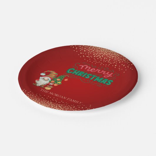 Niedlich Gnome Pine Tree Confetti Rot Frohe Weihna Pappteller (Schrägansicht)