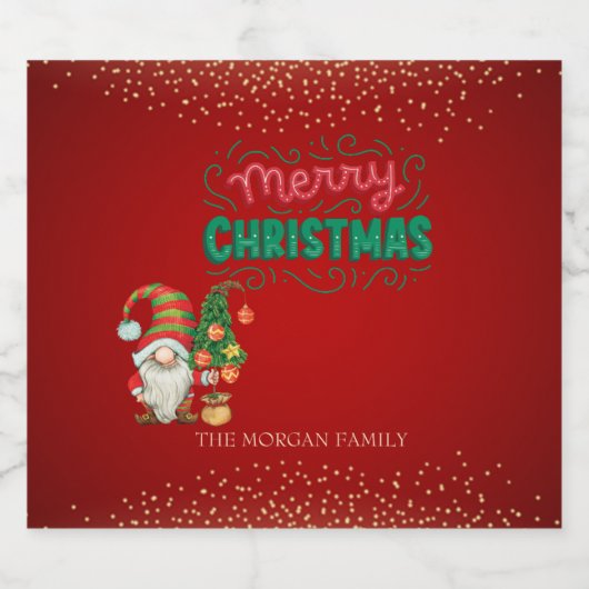 Niedlich Gnome Pine Tree Confetti Rot Frohe Weihna Schaumweinetikett (Einzelnes Label)