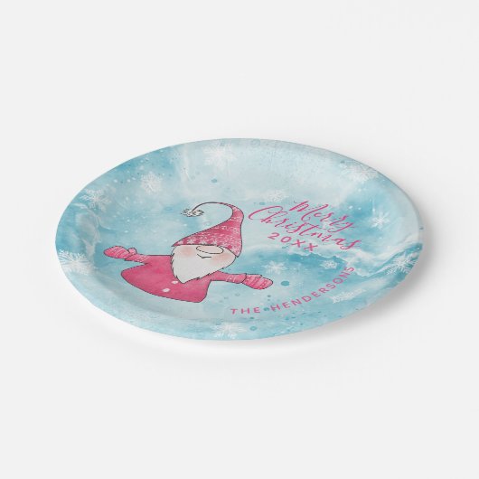 Niedlich Gnome Pink und Blue Custom Frohe Weihnach Pappteller (Schrägansicht)