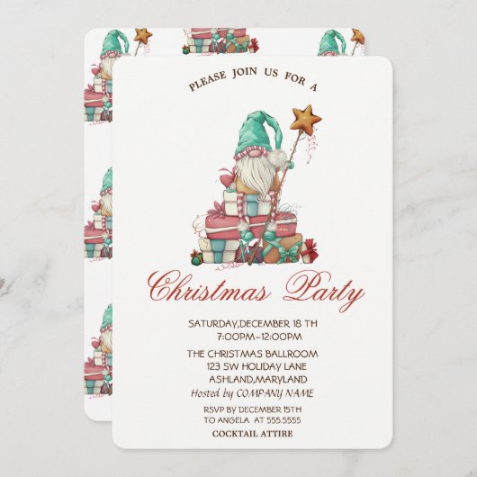 Niedlich Gnome Present Weihnachts-Party Einladung (Vorne/Hinten)