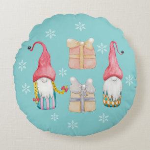 Niedlich Gnome Turquaise Blue Handgemalt Rundes Kissen