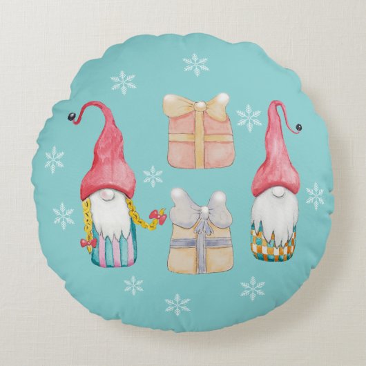 Niedlich Gnome Turquaise Blue Handgemalt Rundes Kissen (Vorderseite)