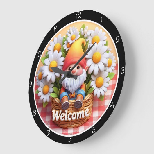 Niedlich Gnome Welcome Daisy Clock Große Wanduhr (Winkel)