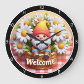 Niedlich Gnome Welcome Daisy Clock Große Wanduhr (Vorderseite)