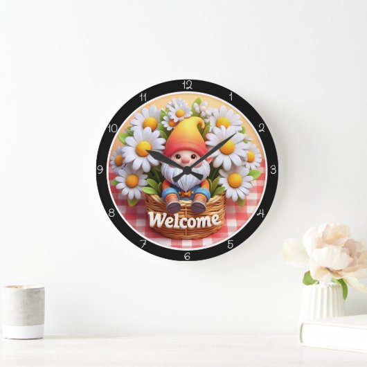 Niedlich Gnome Welcome Daisy Clock Große Wanduhr (Zuhause)