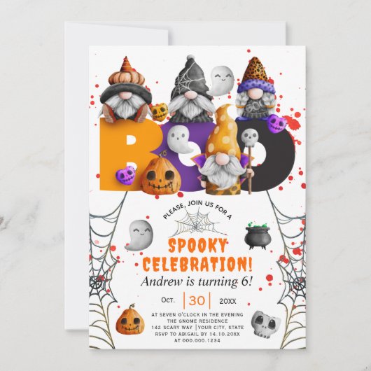 Niedlich gnomes BOO Halloween Kindergeburtstag Einladung (Vorderseite)