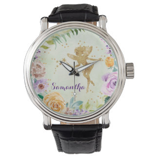 Niedlich Gold Glitzer Fee mit Lila Wilden Blume Armbanduhr
