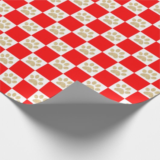 Niedlich Gold Glitzer Paw Print Red Checkered Patt Geschenkpapier (Ecke)