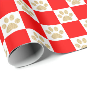 Niedlich Gold Glitzer Paw Print Red Checkered Patt Geschenkpapier