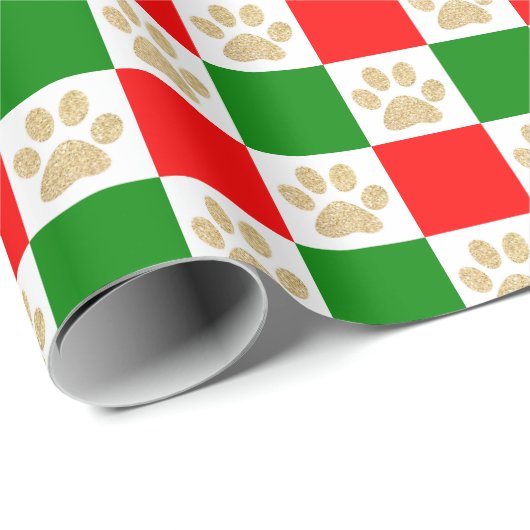 Niedlich Gold Glitzer Paw Print Red Green Checked Geschenkpapier (Rolleneckpunkt)