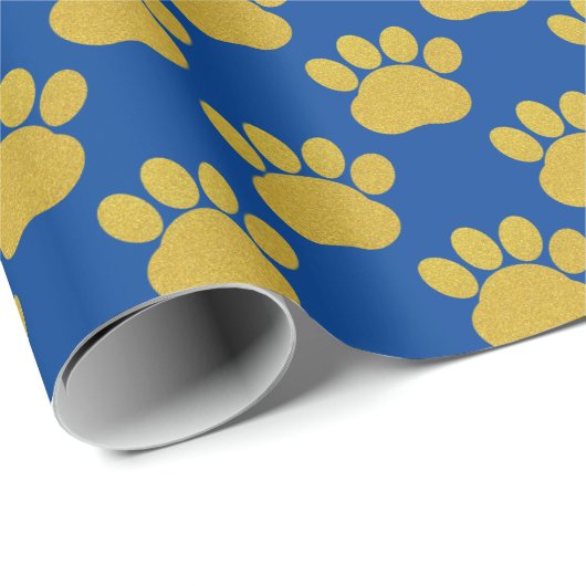 Niedlich Gold Glitzer Paw Prints Pet Lovers Blue Geschenkpapier (Rolleneckpunkt)