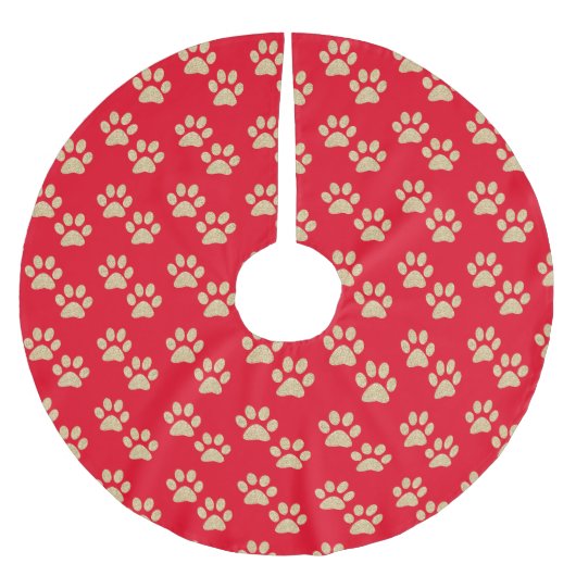 Niedlich Gold Glitzer Paw Prints Pet Lovers Red Polyester Weihnachtsbaumdecke (Vorderseite)
