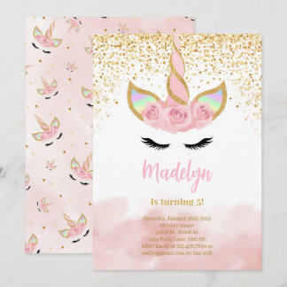 Niedlich Gold Glitzer Unicorn Geburtstag Einladung