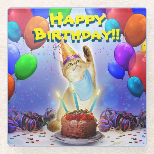 Niedlich Golden Festive Birthday Kitty Glasuntersetzer (Vorderseite)