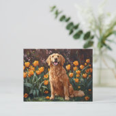 Niedlich Golden Retriever im Tulip Garden Postkarte (Stehend Vorderseite)