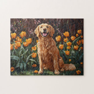 Niedlich Golden Retriever im Tulip Garden Puzzle