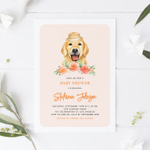 Niedlich Golden Retriever Peach Floral Baby Dusche Einladung
