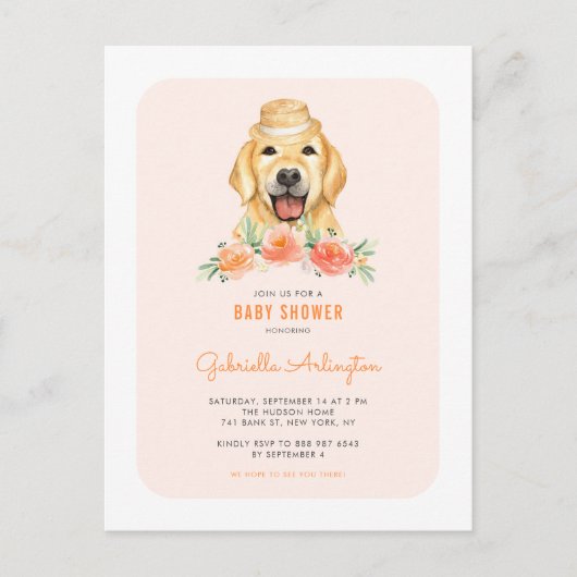 Niedlich Golden Retriever Peach Floral Baby Dusche Einladungspostkarte (Vorderseite)