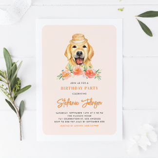 Niedlich Golden Retriever Peach Floral Kindergebur Einladung