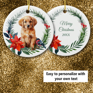 Niedlich Golden Retriever Puppy Watercolor Poinset Keramik Ornament