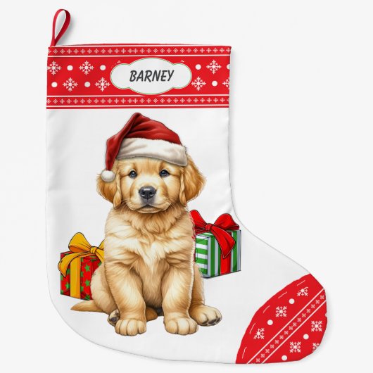 Niedlich Golden Retriever Welpe Weihnachtsmannmütz Großer Weihnachtsstrumpf (Vorderseite)