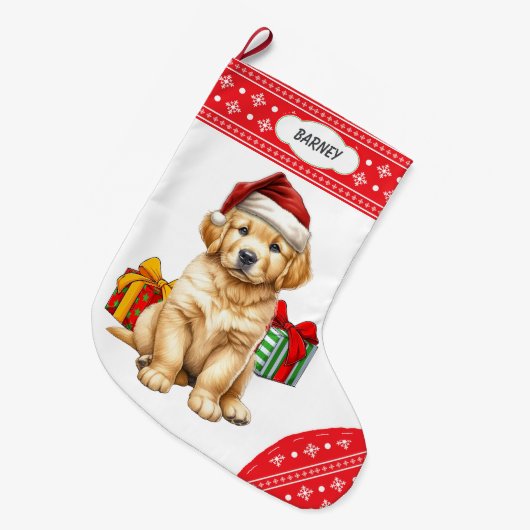Niedlich Golden Retriever Welpe Weihnachtsmannmütz Großer Weihnachtsstrumpf (Vorderansicht (hängend))