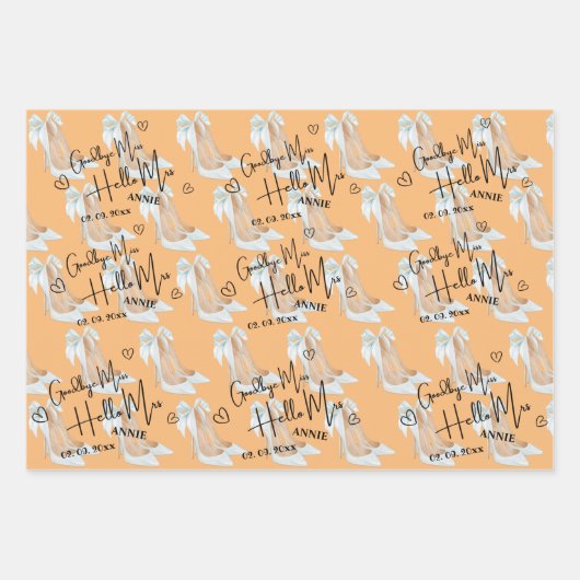 Niedlich Goodbye Miss Hallo Mrs. Brautparty Geschenkpapier Set (Vorderseite 3)