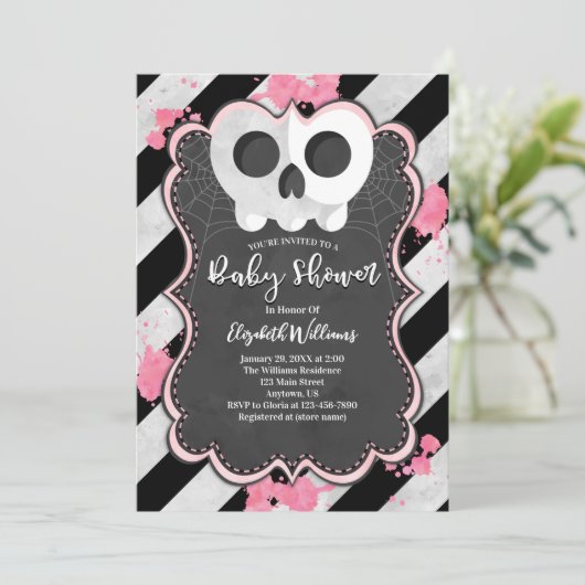 Niedlich Goth Punk Skull Girl Babydusche Einladung (Stehend Vorderseite)