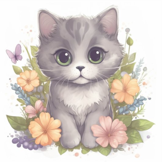 Niedlich Grau Kitten mit Frühlingsblumen Aufkleber (Vorderseite)