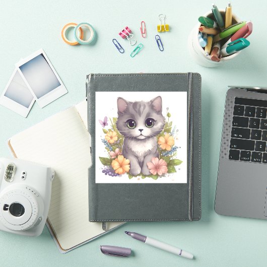 Niedlich Grau Kitten mit Frühlingsblumen Aufkleber (iPad Hülle)