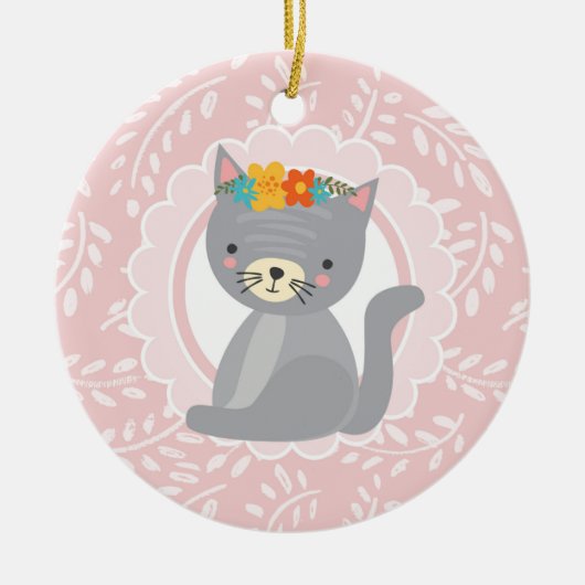 Niedlich Grau Kitten Pink Weiße Katze Keramik Ornament (Vorne)