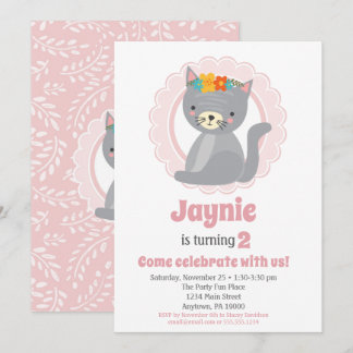 Niedlich Graue Kitten Pink Girls Einladung zum Geb