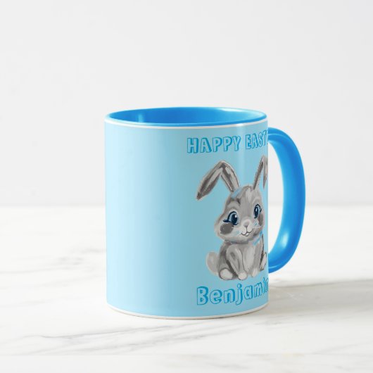 Niedlich Graue Ostern Bunny Aqua Name Tasse (VorderseiteRechts)
