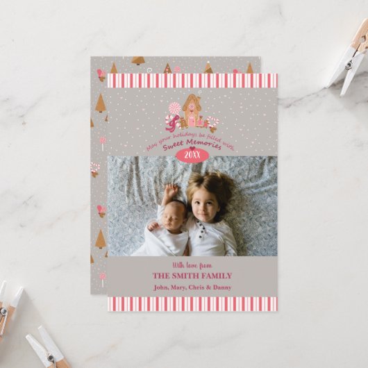 Niedlich Graurosa Gingerbrot Candy Canes Fotokarte Karte (Vorderseite/Rückseite Beispiel)