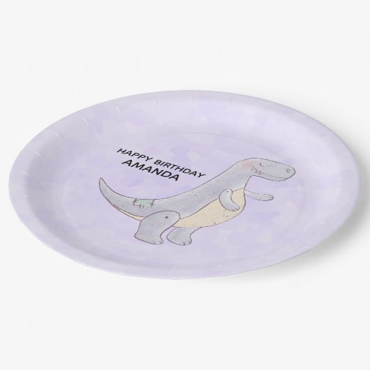 Niedlich Gray Dinosaurier Toy Watercolor Geburtsta Pappteller (Schrägansicht)