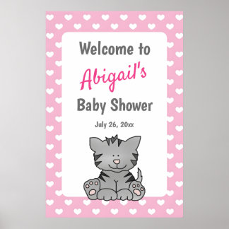 Niedlich Gray Kitten and Hearts Girl Baby Dusche Poster