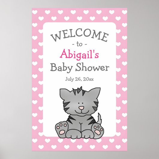 Niedlich Gray Kitten and Hearts Girl Baby Dusche Poster (Vorne)
