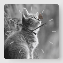 Niedlich Gray Kitten mit Butterfly on Nose Quadratische Wanduhr