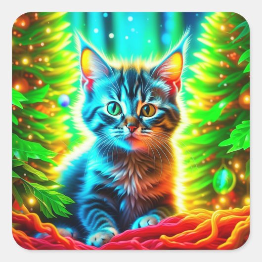 Niedlich Gray Kitten mit Weihnachtsbäumen Quadratischer Aufkleber (Vorderseite)